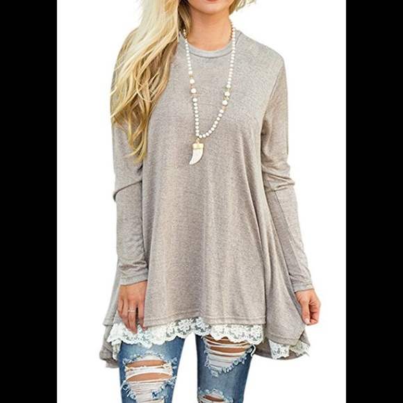 Tops - 5⭐rated oatmeal lace hem ruffle long sleeve tunic